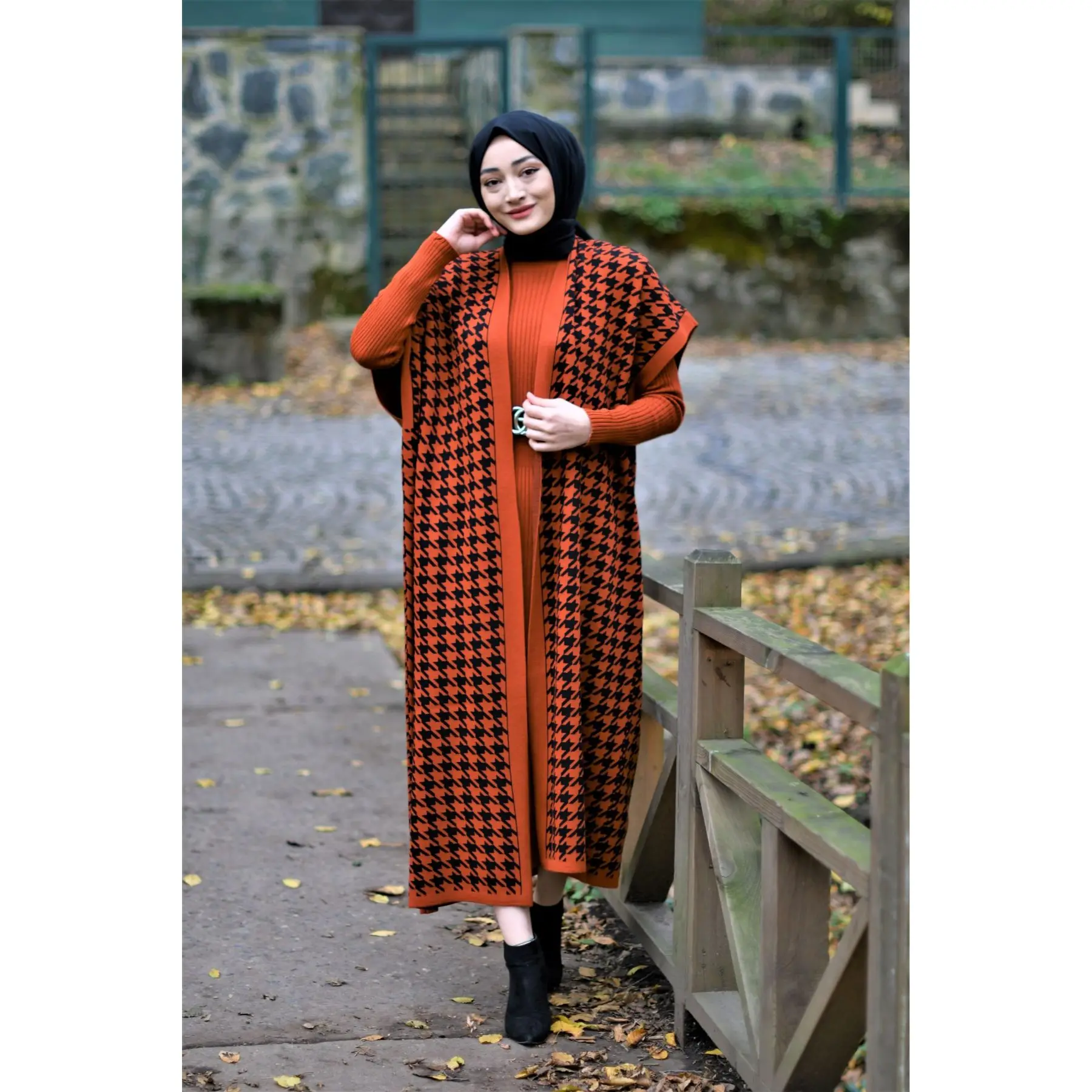 2 Piece Women\'s Set Crowbar Patterned Knitwear Maxi Turtleneck Dress and Maxi Cardigan Long Sleeve Turkey Muslim Fashion Dubai