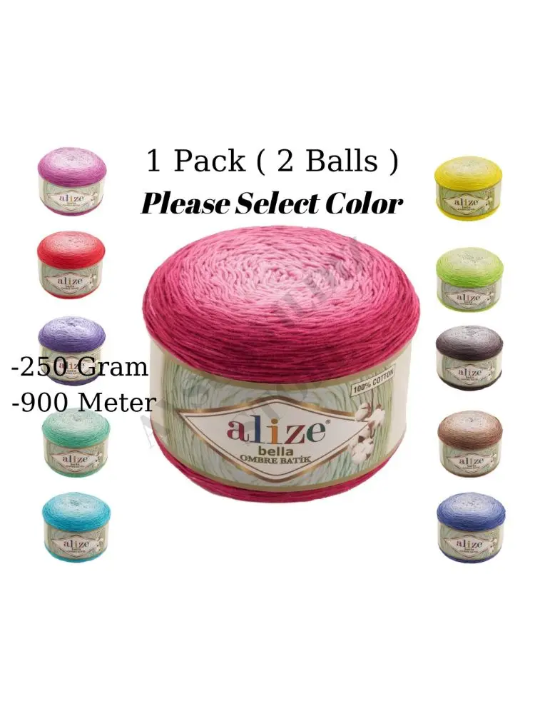 %100 Cotton 1 Pack ( 2 Balls ) Alize Bella Ombre Batik Hand Knitting Yarn ( 1 Ball: 250 Gram 900 Meter ) Crochet Tool Kit