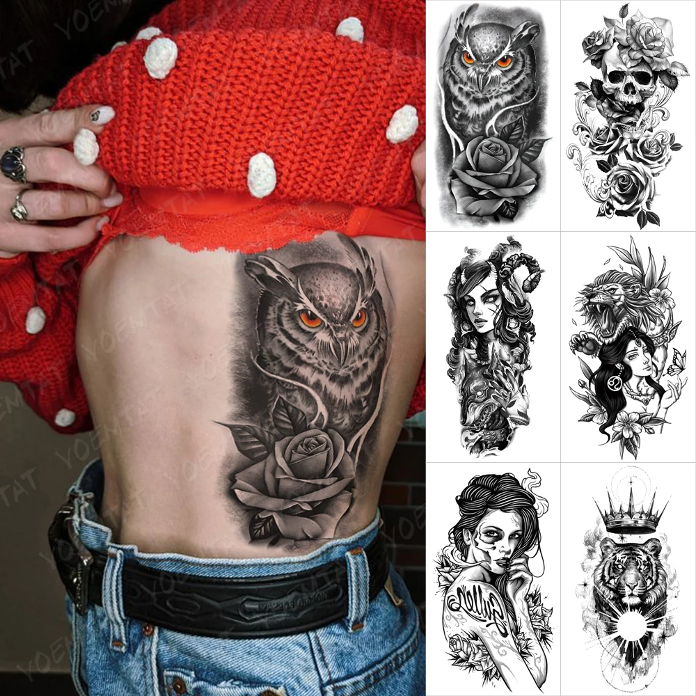 

Waterproof Temporary Tattoo Sticker Owl Rose Lion Clock Flash Tatto Tiger Leopard Wolf Crown Body Art Arm Fake Tatoo Men Women