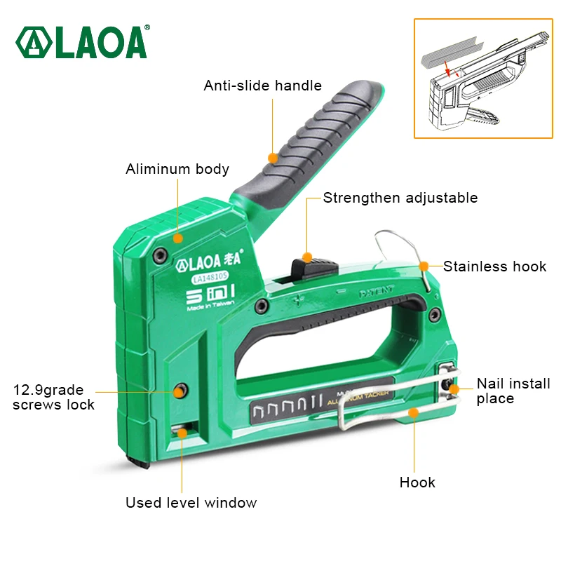 LAOA 5 IN 1 Heavy Duty Staple Gun for DIY Home Decoration Furniture Stapler Rivet Tool Manual Nail Gun with 2000 Staples Nailer