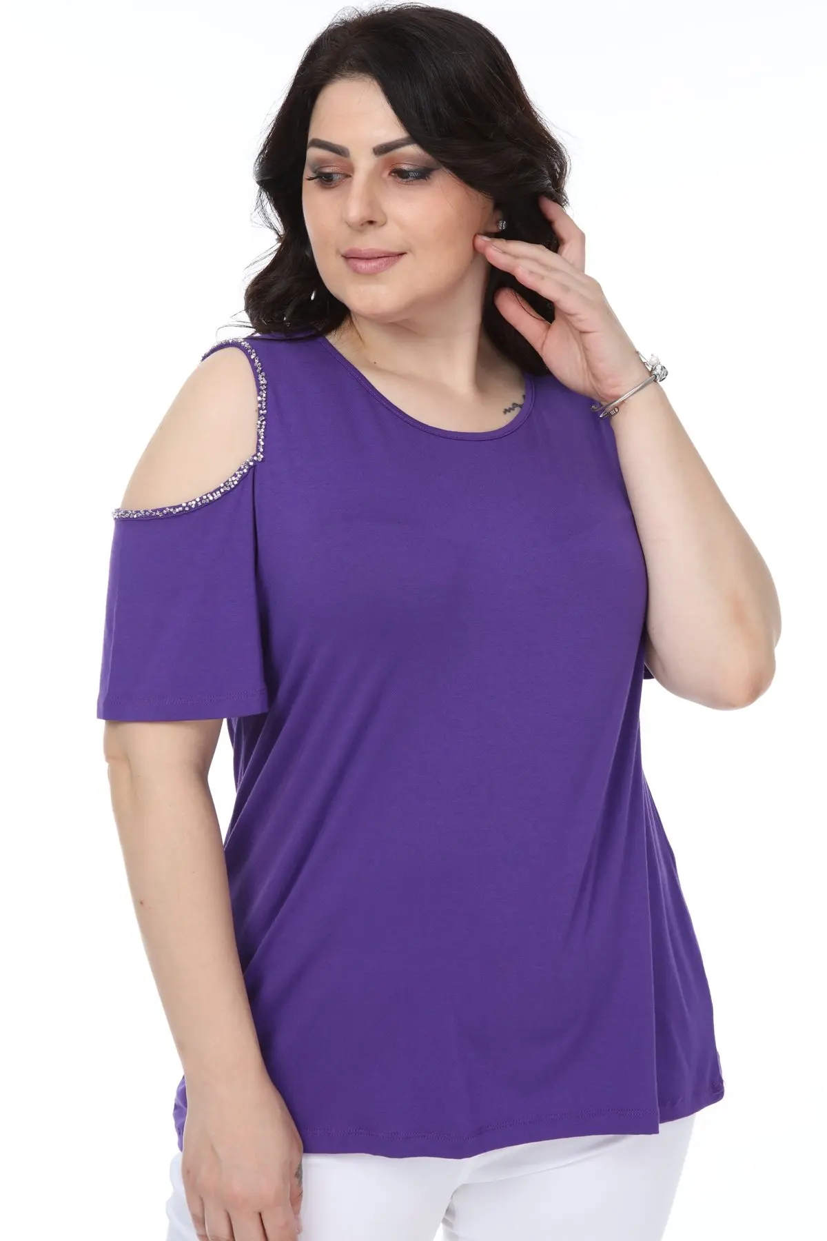 Hanezza Plus Size Shoulder Open Beads Detail Blouse