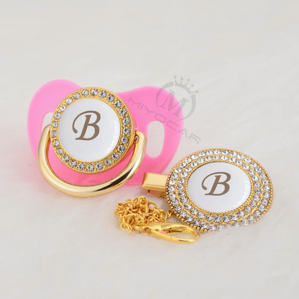 MIYOCAR Gold elegant name Initials letter B lovely bling pacifier and pacifier clip BPA free dummy bling  LB-W