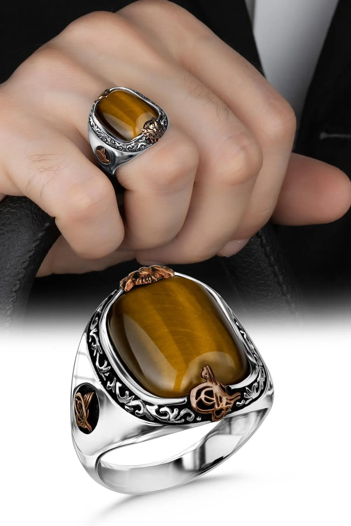 

Solid 925 Sterling Silver Tiger Eye Ottoman Signet Ring Men's High Quality Engraved Vintage Jewelry Gift For Him