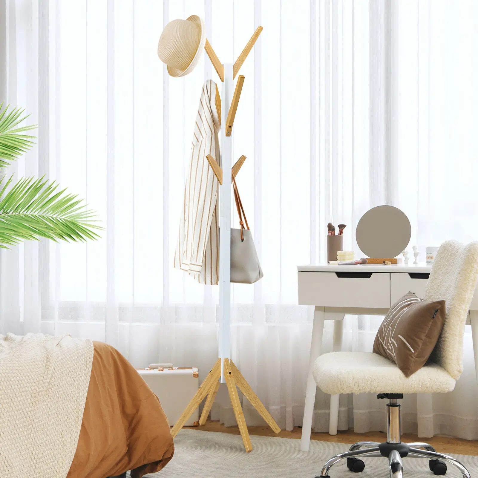 Costway-Bambu Independente Coat Rack Stand, Hall Tree Hanger, Organizador com 6 Ganchos