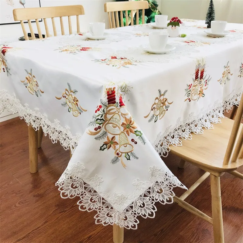 EMDKONI Christmas Candle Embroidered tablecloth Nordic white lace coffee table Flag Christmas table dust cloth