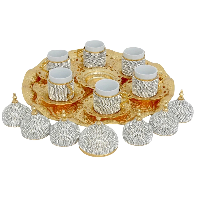 

Turkish Greek Arabic Coffee Espresso Set for 6 Person Handmade Authentic Design Cups Saucers Lids Tray Delight Candy Dish Gift