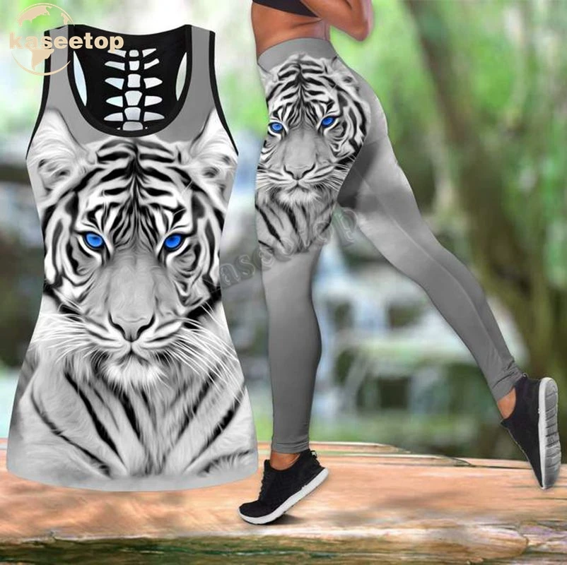 

Kaseetop New 3D White Tiger Combo Two Piece Yoga Set Women 3D Print Vest Hollow Out Hollow Tank & Legging Outfit Summer LK95