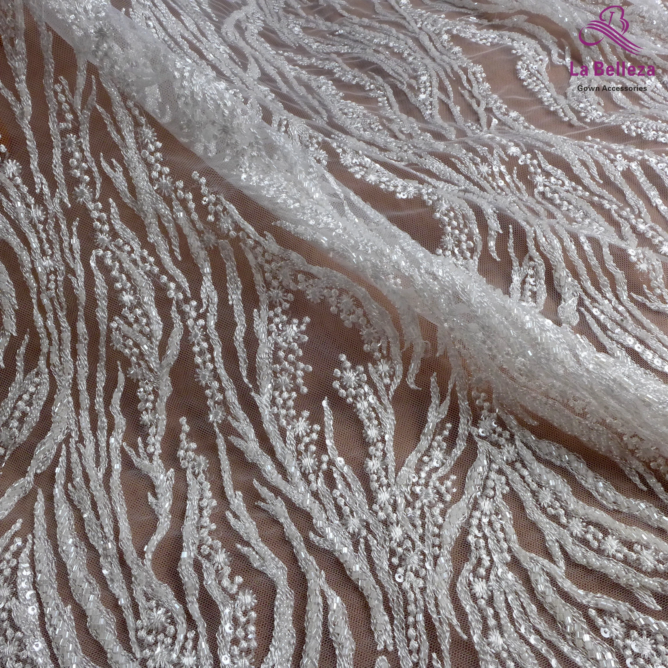 La Belleza Hot fashion bride lace,simple lines beading lace fabric,white lace fabric embroidered for wedding dresses by yard