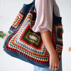 Handmade Granny Square White Navy Shoulder Bag Colorful Crochet Cute Purse Vintage Hippie Knitting Handbags For Summer Beach