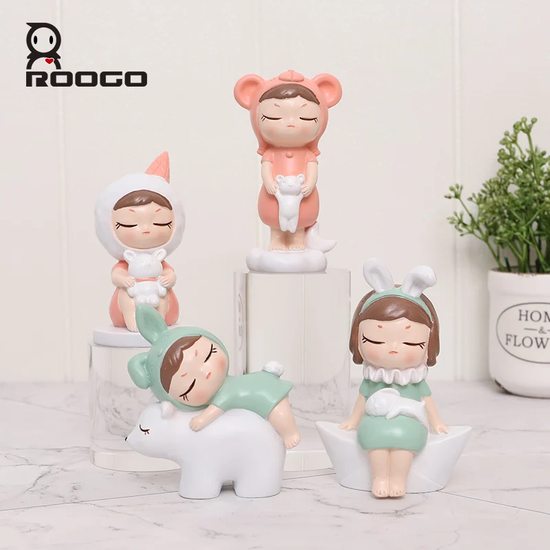 Roogo Cute Cartoon Character Home Decoration Ornaments Figurines Miniature Resin Sculpture Desktop Decor