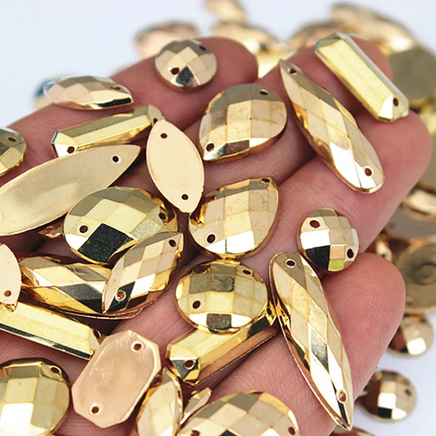 Micui 100PCS Mix Shape Size Golden Acrylic Rhinestones Flat Back Crystals Stones Sewing Crystals Strass For Clothes Crafts MC225