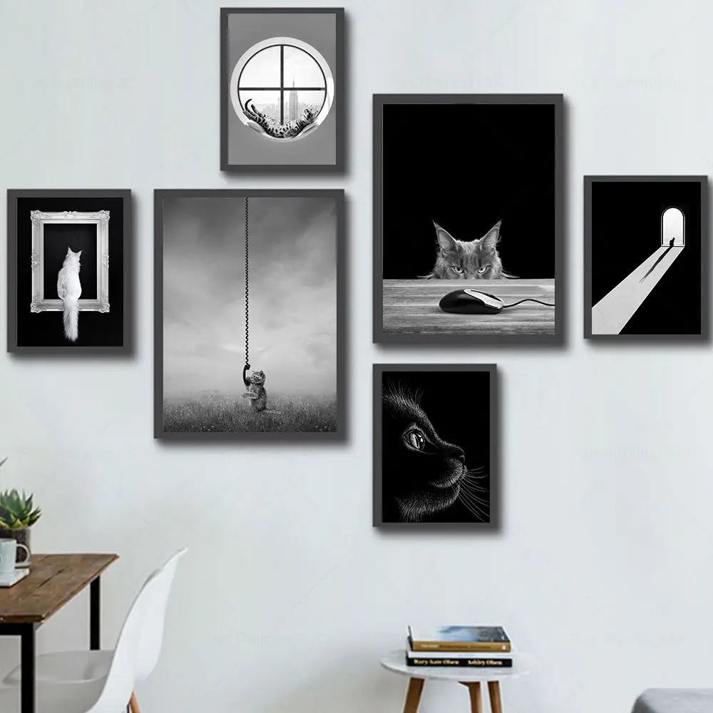 

Black And White Cat Canvas Painting Funny Animal Nursery Wall Art Picture Nordic Posters And Prints For Kids Bedroom Home Decor