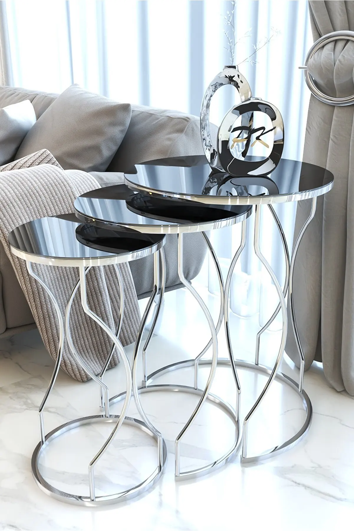 Nesting Table 3 Pieces Silver Leg Decorative Living Room Kitchen Home Furniture Coffee Table Decor Accessory Modern