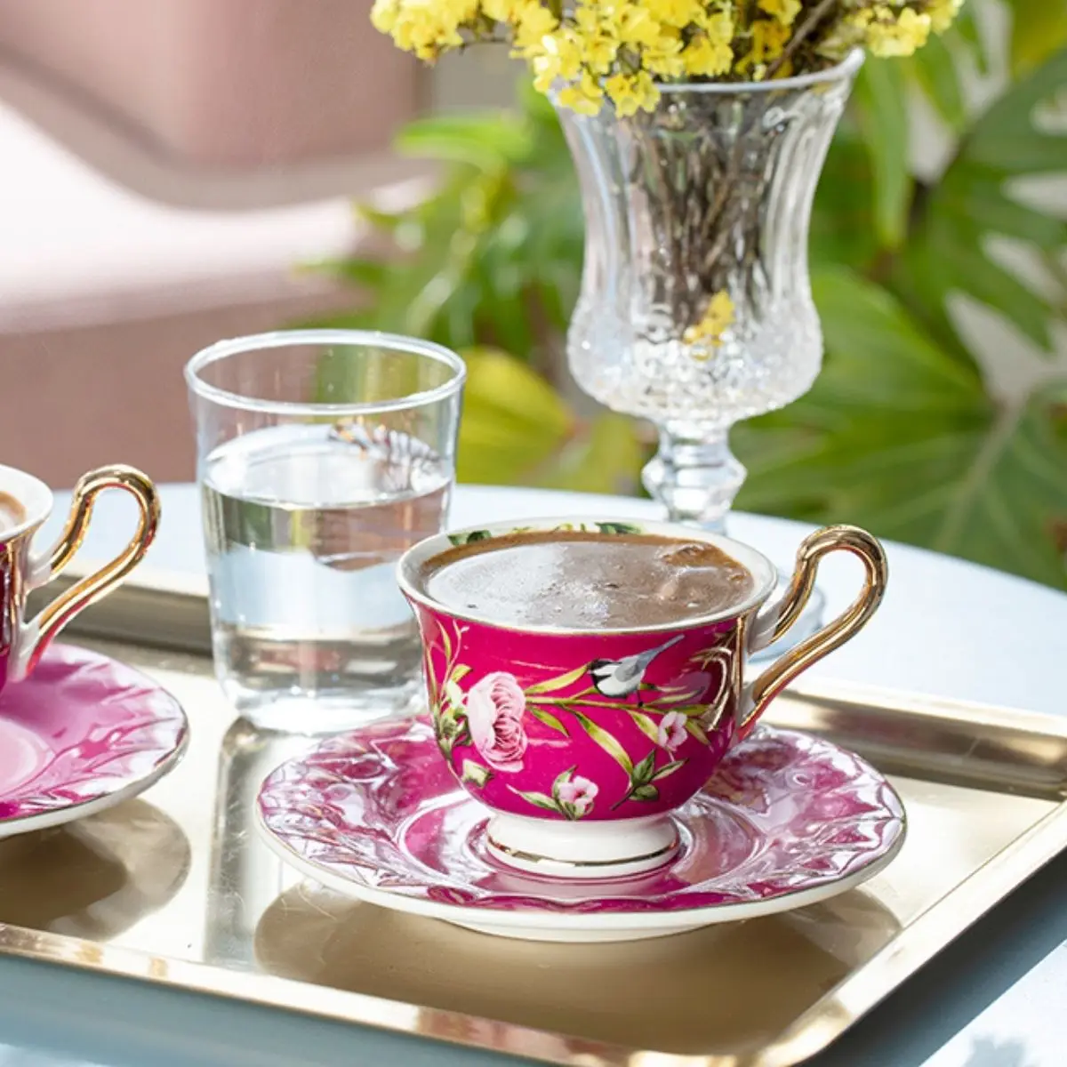 Porcelain Turkish Coffee/Espresso Cup Sets 90ml for 2 Persons  Stylish Flower and Bird Patterned Elite Attractive Porcellain Set