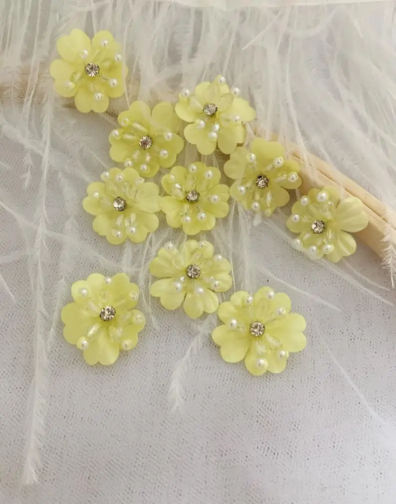 10 pcs Yellow 3D Lace Applique For Couture Supplies Bead Florwers Applique,