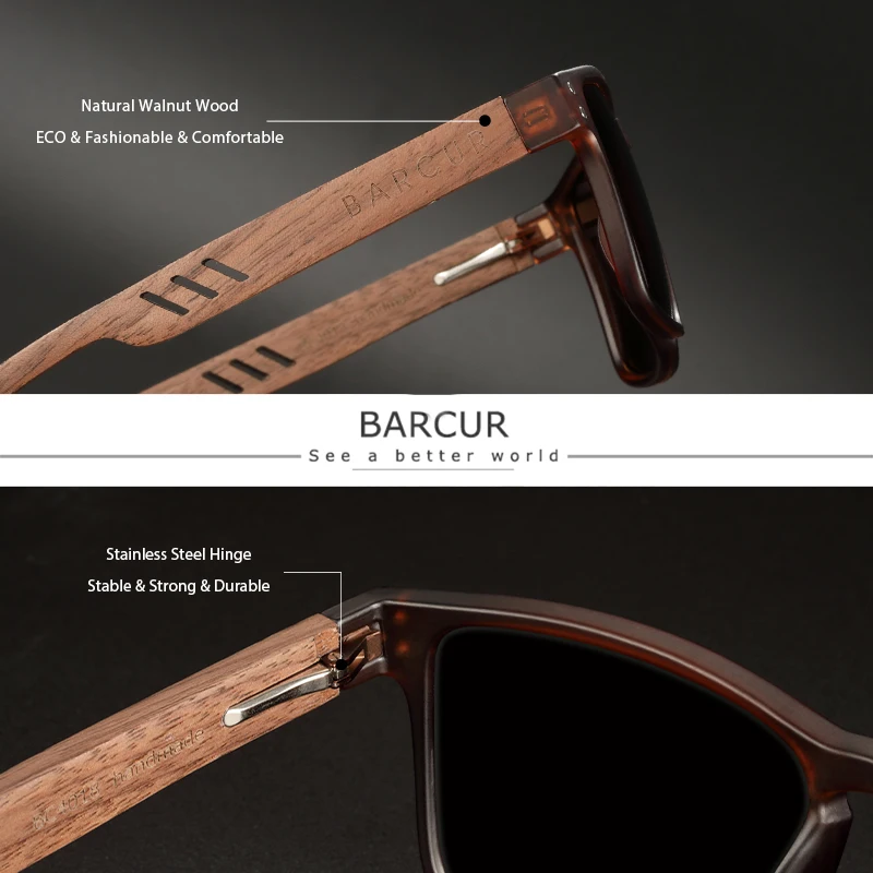 BARCUR Men\'s Sunglasses for Men Brand Designer Natural Walnut Wood Sun Glasses Women Polarized Eyewear UV400 Eyewear Oculos