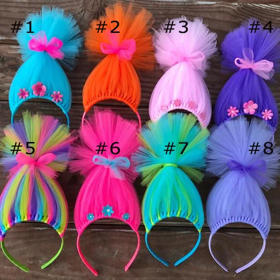 Diadema de troles para niños, accesorios para el cabello para fiesta de cumpleaños, princesa arcoíris, diadema de tul para el pelo de trol, disfraz