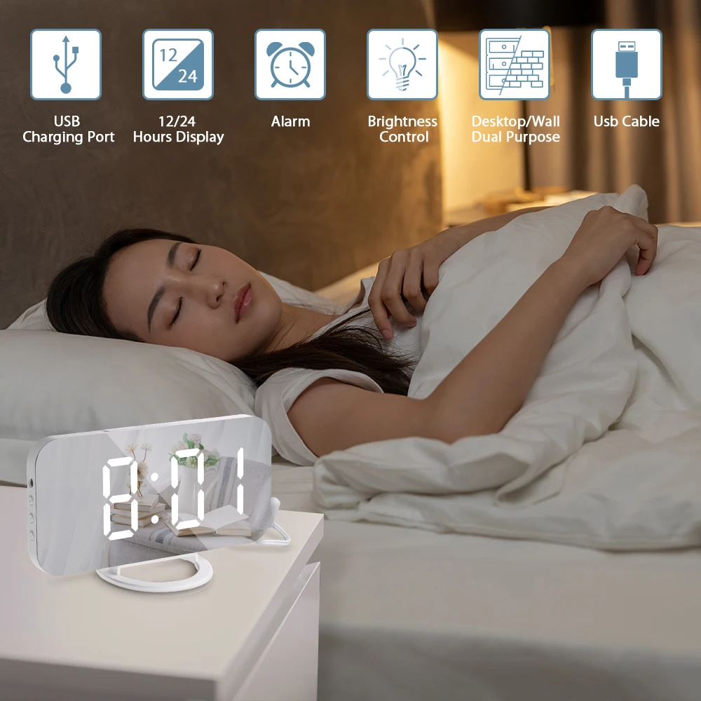 ดิจิตอล LED นาฬิกาปลุกกระจก2พอร์ต Charger USB Night Light LED นาฬิกา Snooze ฟังก์ชั่นปรับความสว่างโต๊ะนาฬิกา