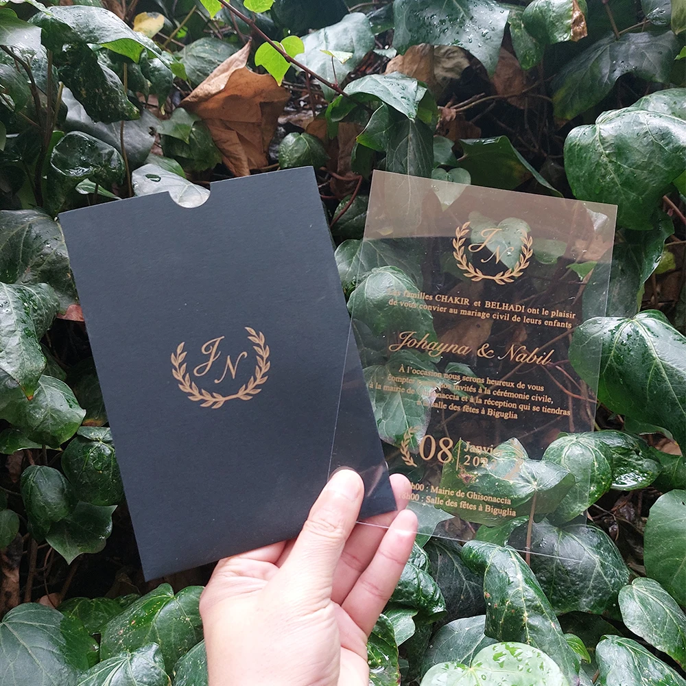 50PCS Transparent Gilding Wedding Invitation Greeting Card Free Shipping Gold Printing Acrylic Custom Design Black Envelope