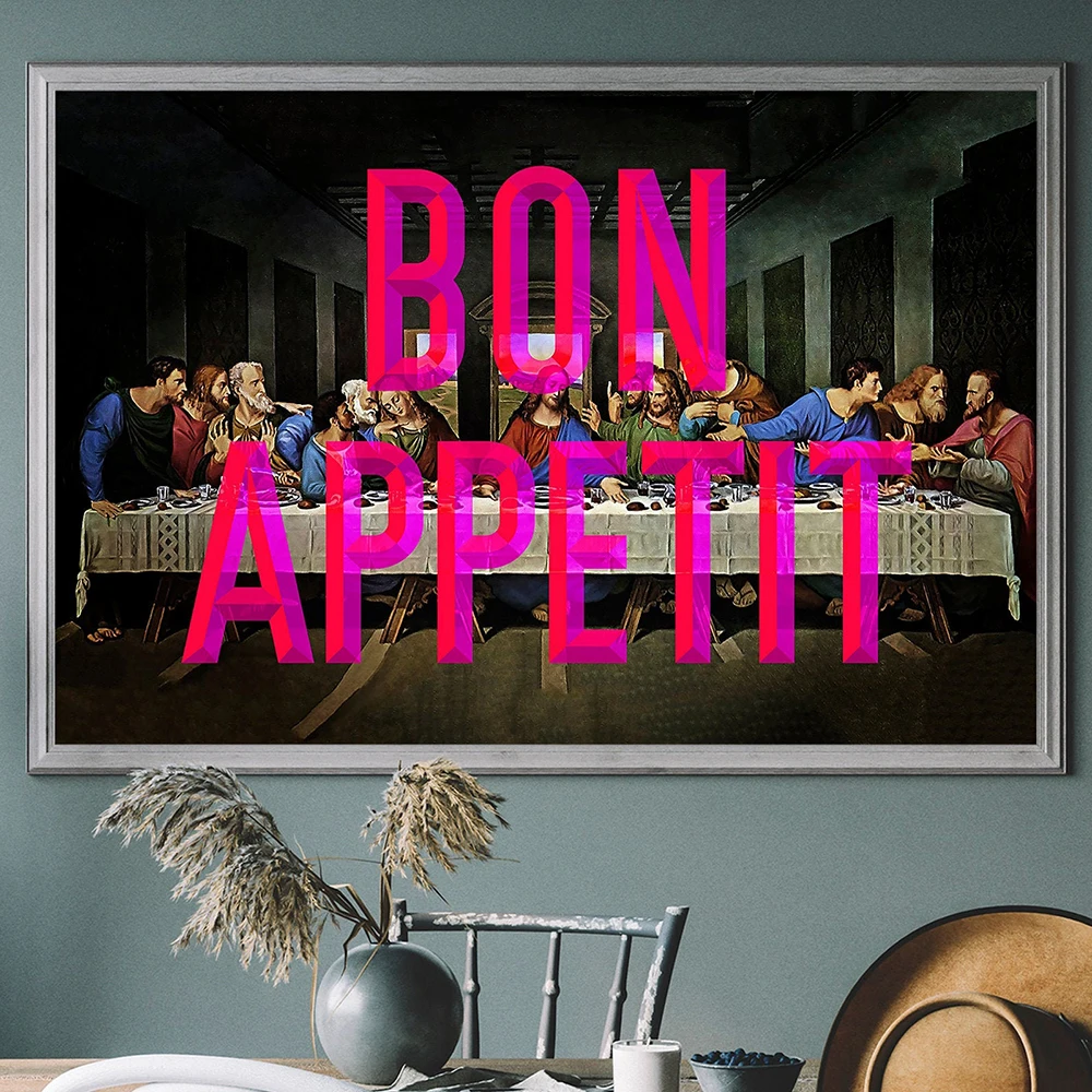 Bon Appetit Vintage Art Print Canvas, Altered Art Painting, The Last Supper Wall Art, Picture for Kitchen Poster, Home Decor