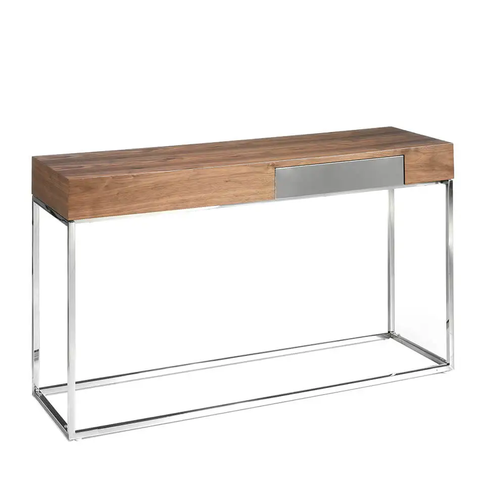 Console 3111 Angel Cerdá-console Hall made of 0,5mm thick natural walnut plated wood with side drawer with front finish in chrome stainless steel. Stainless steel cr leg stricutra