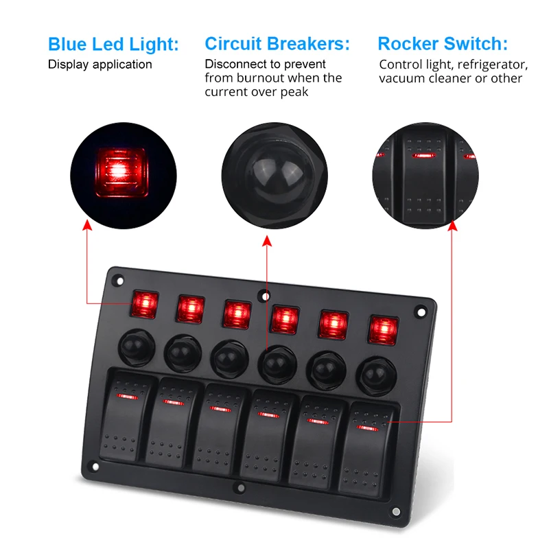 

ELING 4/6 Gang LED Rocker Switch Panel Car Toggle Switch DC Red Blue Green for Car Boat Marine Yacht RV Camper Truck Trailer