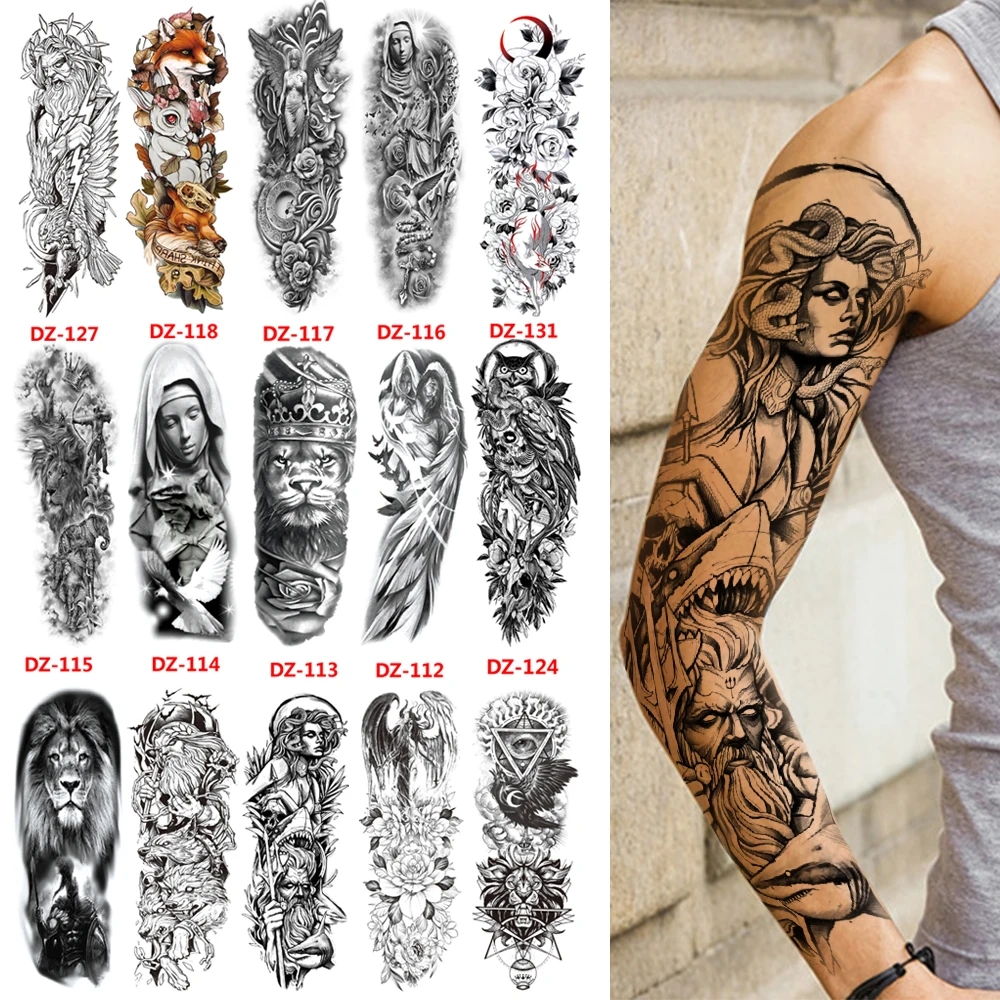 Waterproof Tattoo Sticker Totem Full Arm Large Size Sleeve Temporary Tattoos Lion  Wolf Death Fake Tattoo For Men Women Body Art