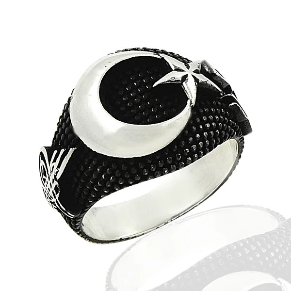 925 Silver Moon and Star Printed Tribal Turkish Rings for Men