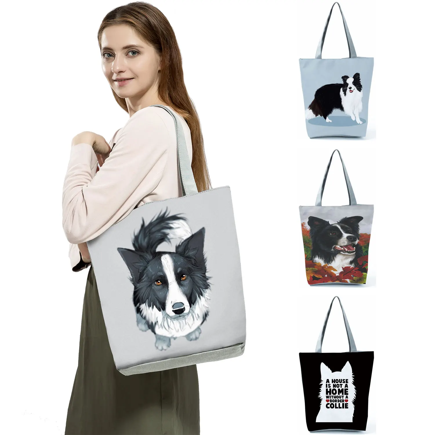 Watercolor Collie Dog Print Tote Bag For Women Cute Shoulder Handbags Animal Large Capacity Reusable Shopping Bag Custom Pattern