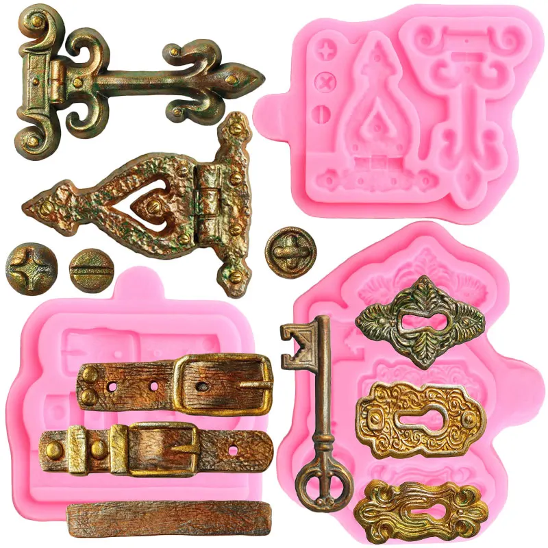 Vintage Lock Key Hinges Screws Belt Straps Fondant Silicone Mold Chocolate Candy Molds Cake Decorating Polymer Clay Resin Moulds