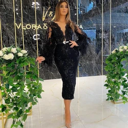 Boho V Neck Puffy Tulle Full Sleeve Evening Dresses Tealength with Crystal Sequined Prom Gowns 2024 New Spring Vestidos De Fiest