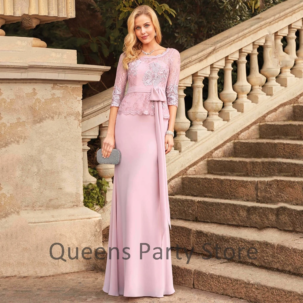 Dusty Pink Mother Wedding Party Dresses Scoop Neck 3/4 Sleeves Lace Bow Belt Sheath Floor Length  Of The Bride Dress