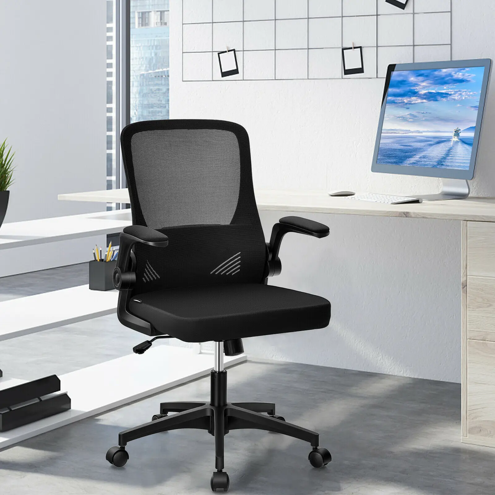 Mesh Office Chair Swivel Computer Desk Chair w/Foldable Backrest & Flip-Up Arms