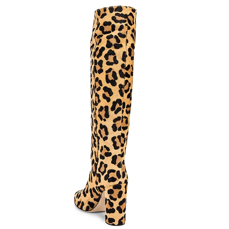 Leopard Knee High Boots for Women Pointed toe Faux Horse Hair Sexy Ladies Fashion Dress Chunky Heel Winter Long Boot Big Size