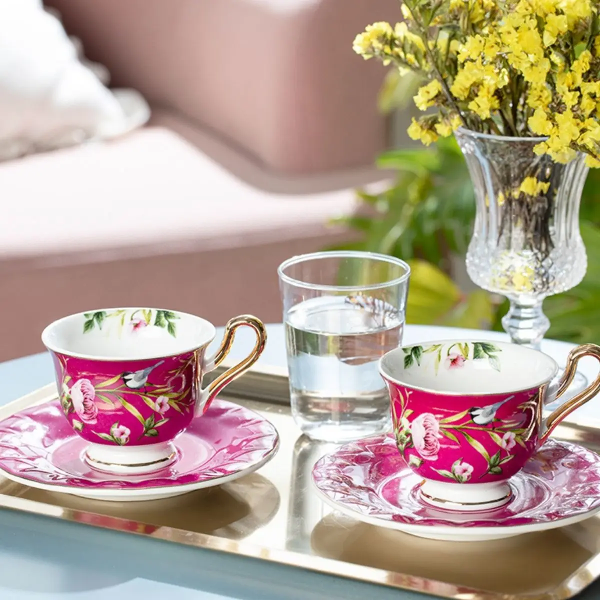 

Porcelain Turkish Coffee/Espresso Cup Sets 90ml for 2 Persons Stylish Flower and Bird Patterned Elite Attractive Porcellain Set