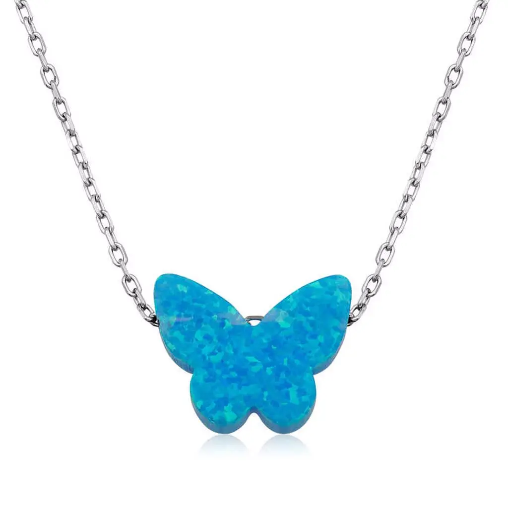 Silver Blue Opal Stone Butterfly Necklace for Women 925 Sterling Fine Jewelry Wedding Party Birthday Gift - Box - Pendant - Chain Choker - Female - Ladies - Fashion