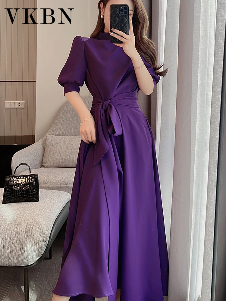 VKBN Summer Dress Women Purple Lantern Sleeve High Waist Half High Collar Sashes Party Elegant Vestidos De Fiesta