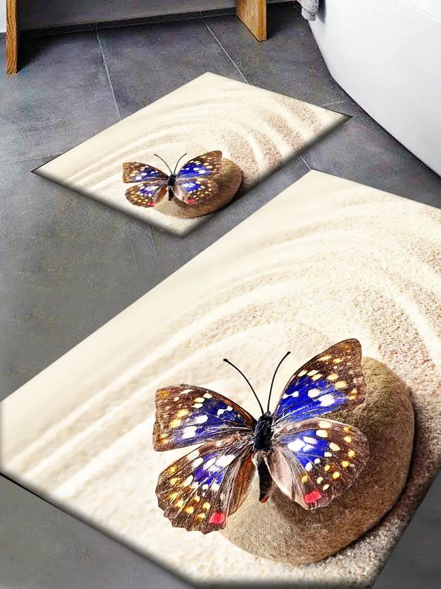 Blue Sand Butterfly Patterned Washable Non-Slip Base 2 Bath Mat Set for Closet Water Absorbent Doesn 'T Odor