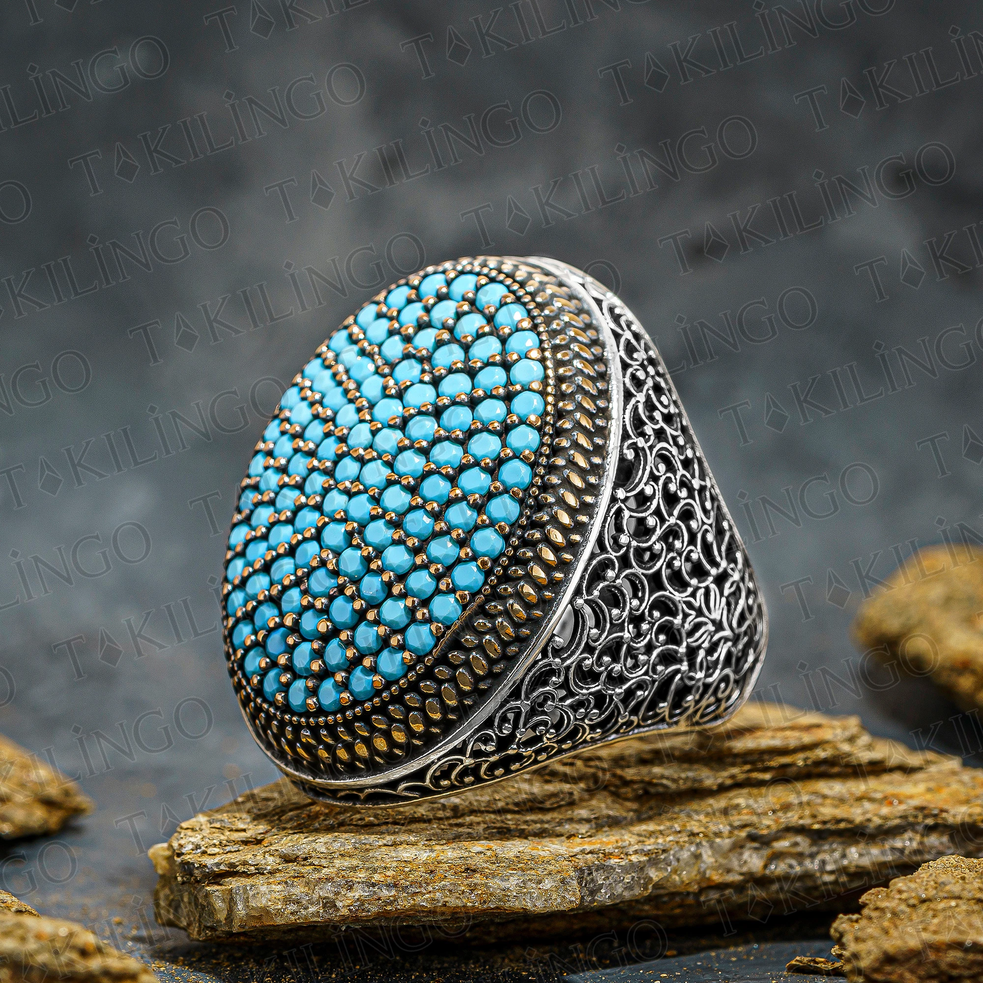 

Elegant Big Design 925 Sterling Silver Turquoise Micro Zircon Men's Ring Business Filigree Jewelery Gift Him Accesory