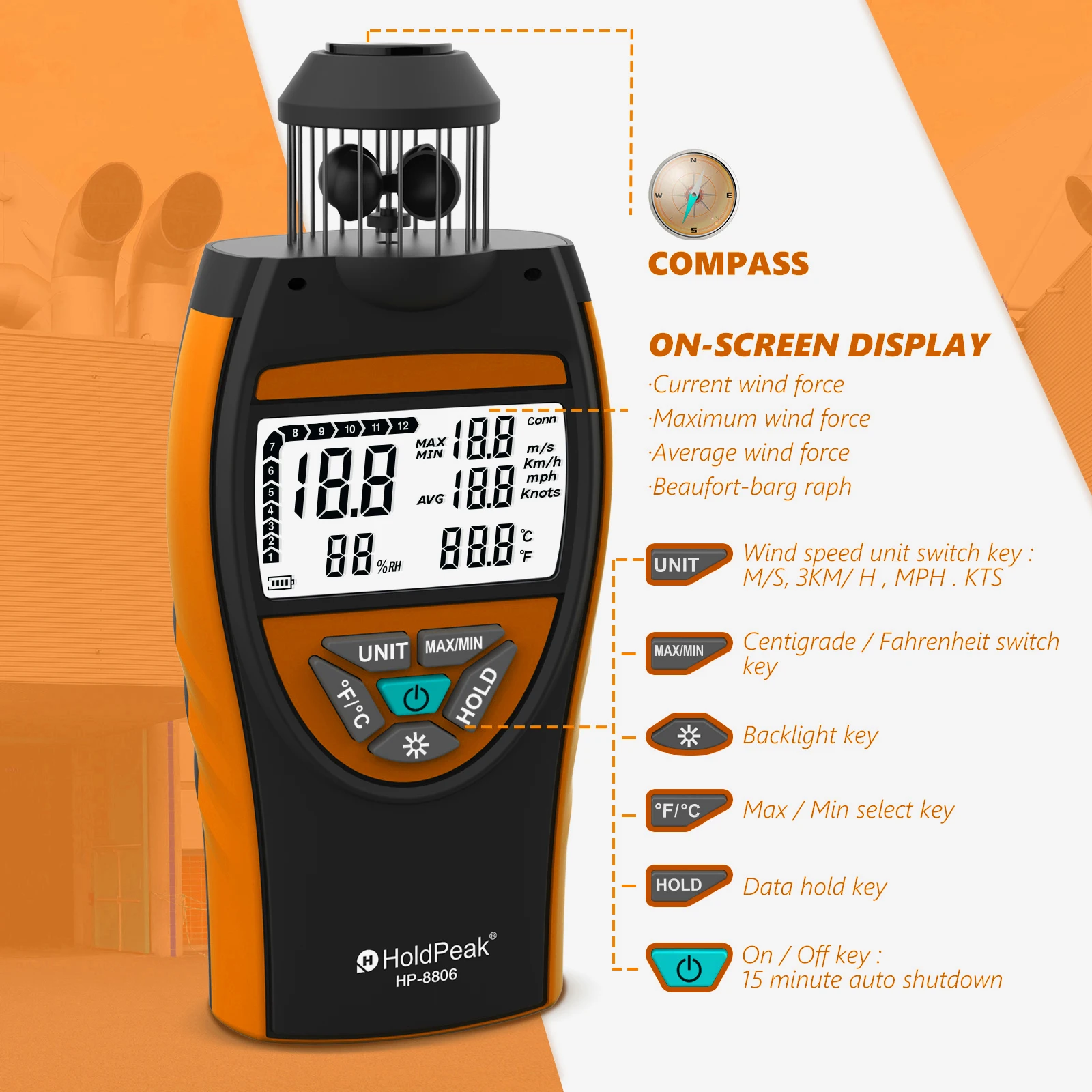 HOLDPEAK HP-8806 Anemometer Piala Angin Genggam 2.5 ~ 150Km/Jam Rata-rata 6 Unit Dapat Disesuaikan dengan Pengukuran Suhu Tampilan Lampu Latar