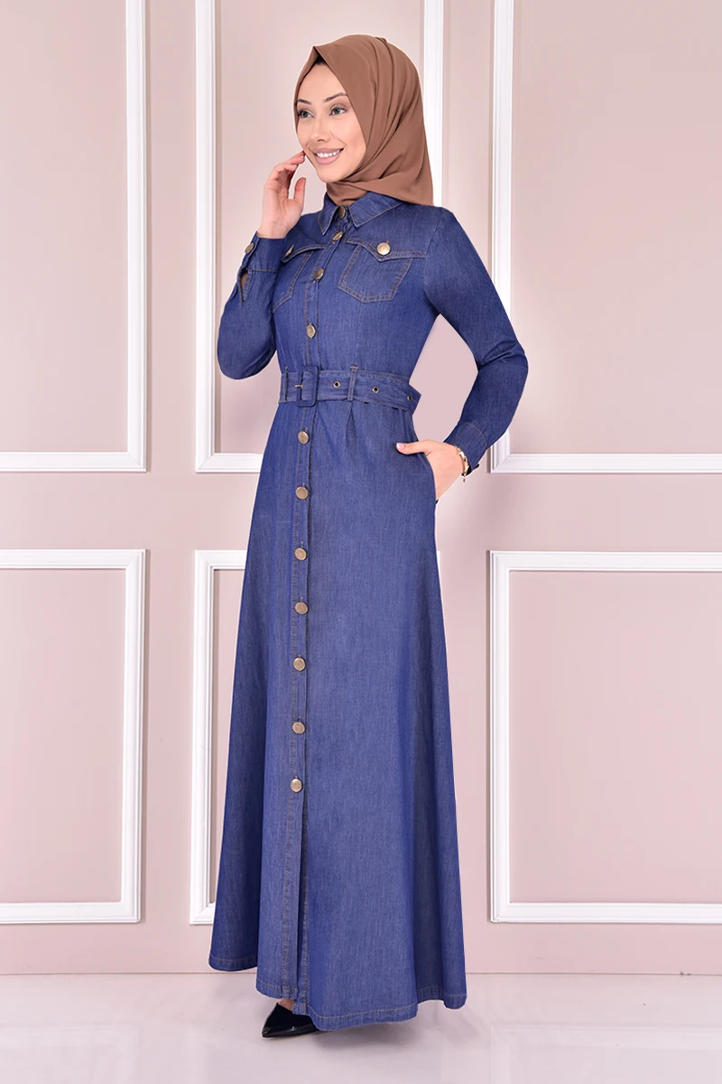 Through-hole Button Arched Handle Handle Denim Dress Dark Blue muslim long abaya women Dubai turkish hijab girl Islamic clothing big size