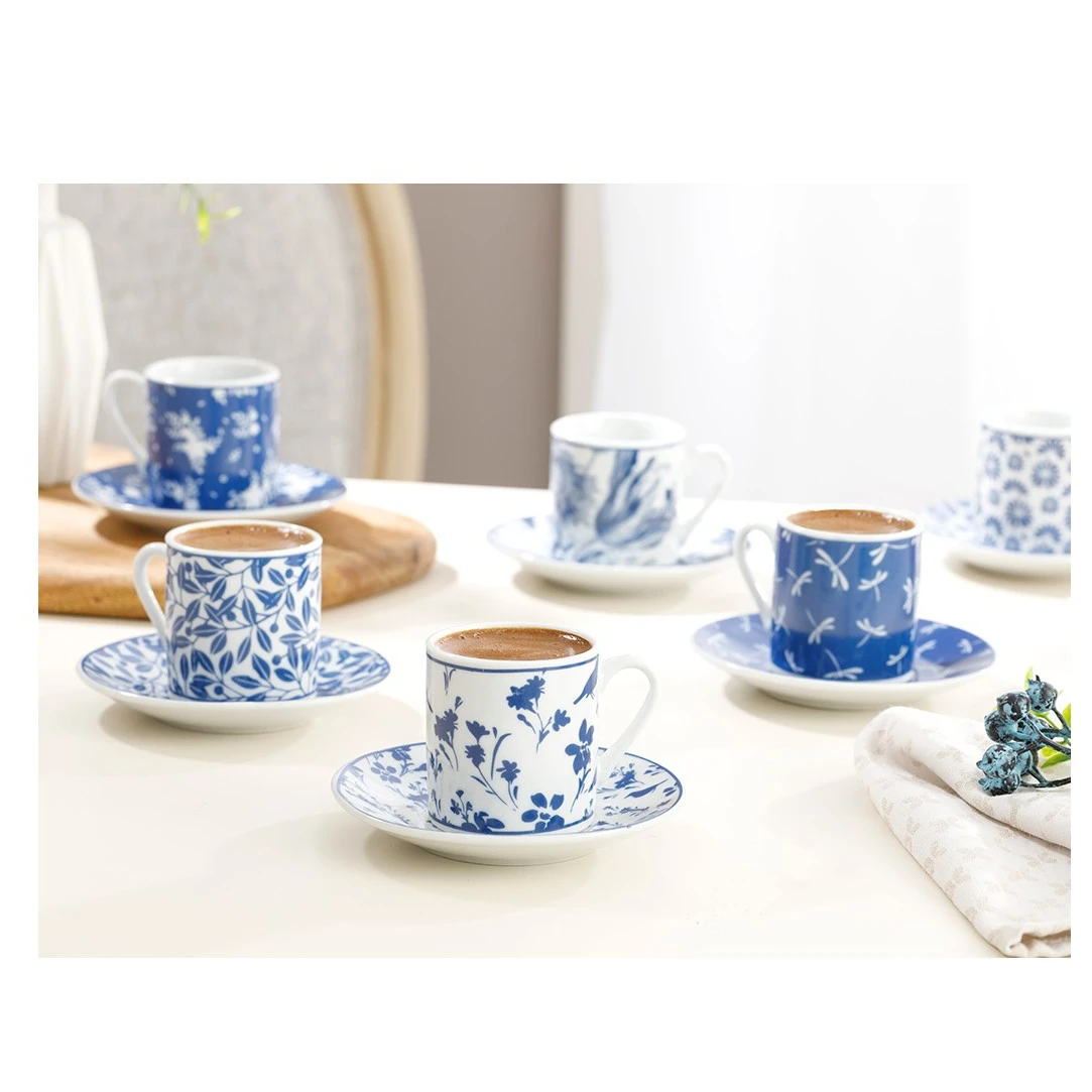 Bella Porcelain 12 Piece Coffee Cup Pad 80 Ml Navy Blue White Pattern Stylish Gift Dish Set New Fast Shipping