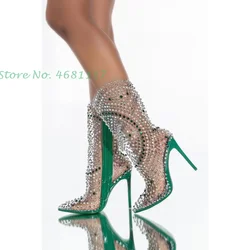 Full Crystal Transparent Summer Boots Luxury Pointy Toe High Stiletto Heels Bling Boots Green Print Designer Fashion Mid Boots