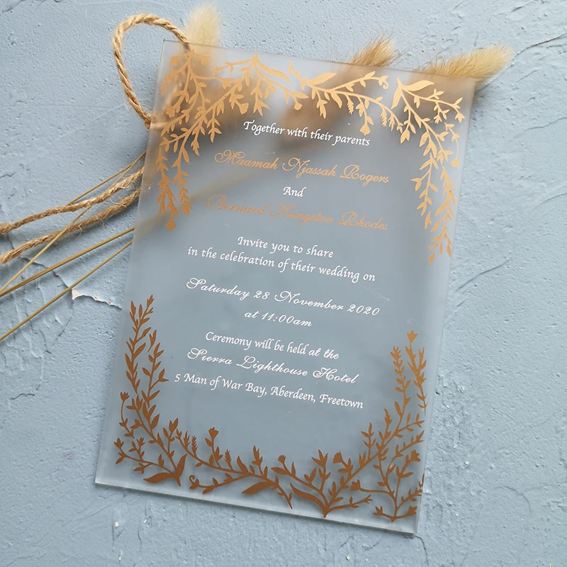 10pcs Acrylic Wedding Invitation Cards Custom Gold Writing Printed with Envelop Wedding Invitation Card