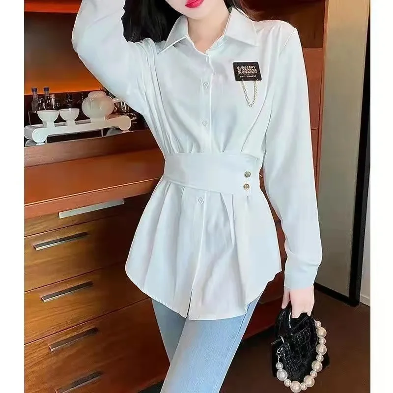 2023 Spring Fashion Casual Shirts Loose Versatile Chain Labeled Waist Long Single Breasted Shirts With Belts