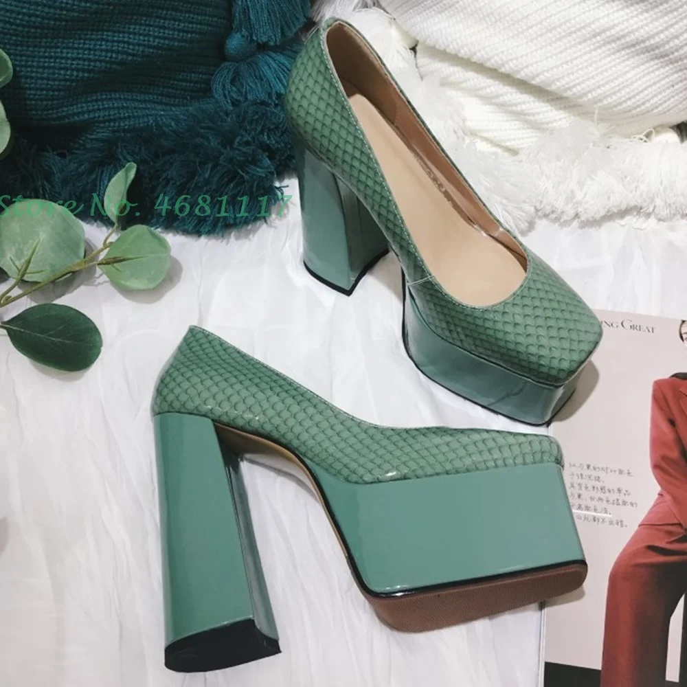 Genuine Leather Green Platform Pumps Women Summer New Square Toe Office Ladies High Chunky Heels Cover Heel Slip On Lady's Shoes