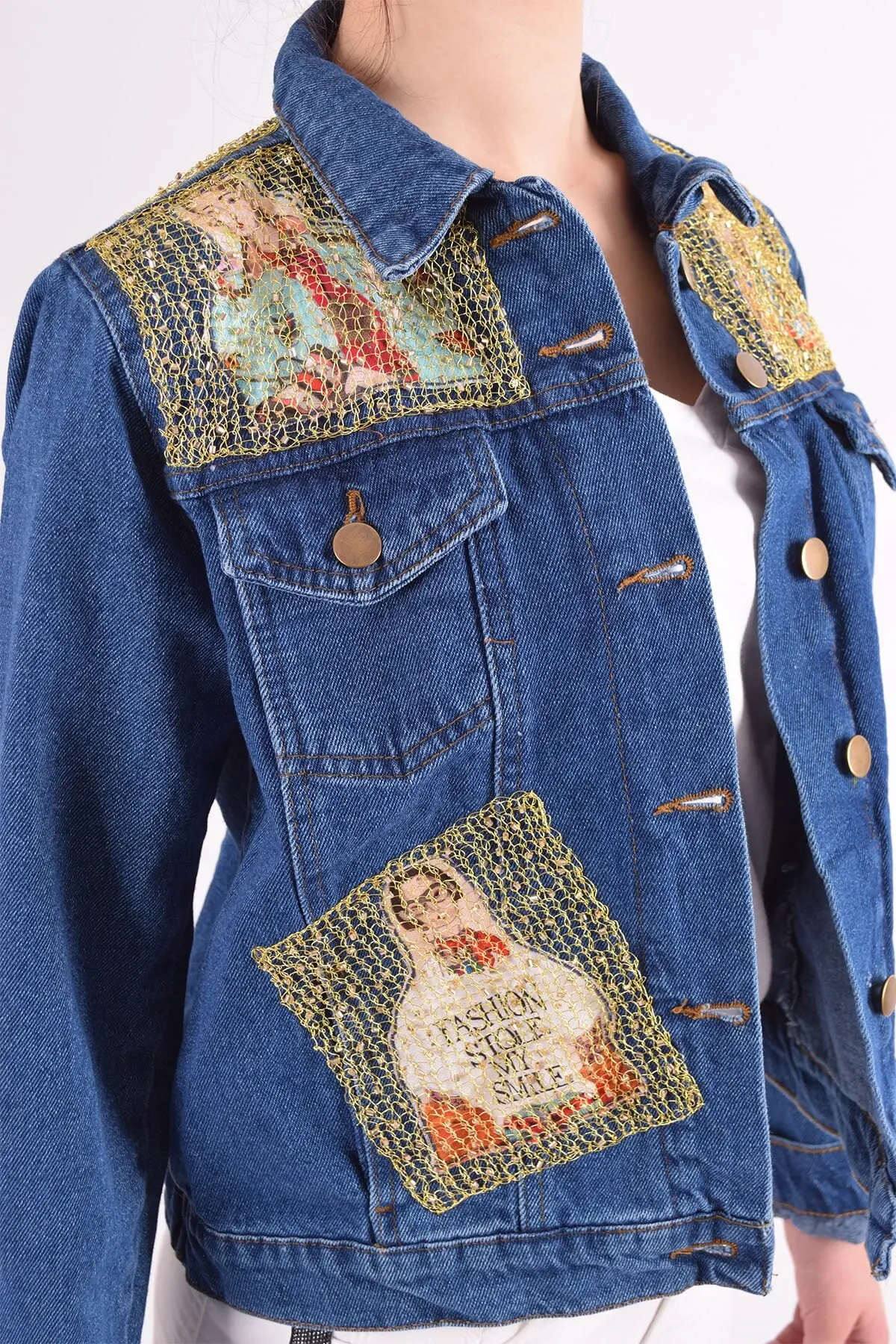 Handmade Wire Knitted with Women Figure Fashion Style Female Denim Jacket