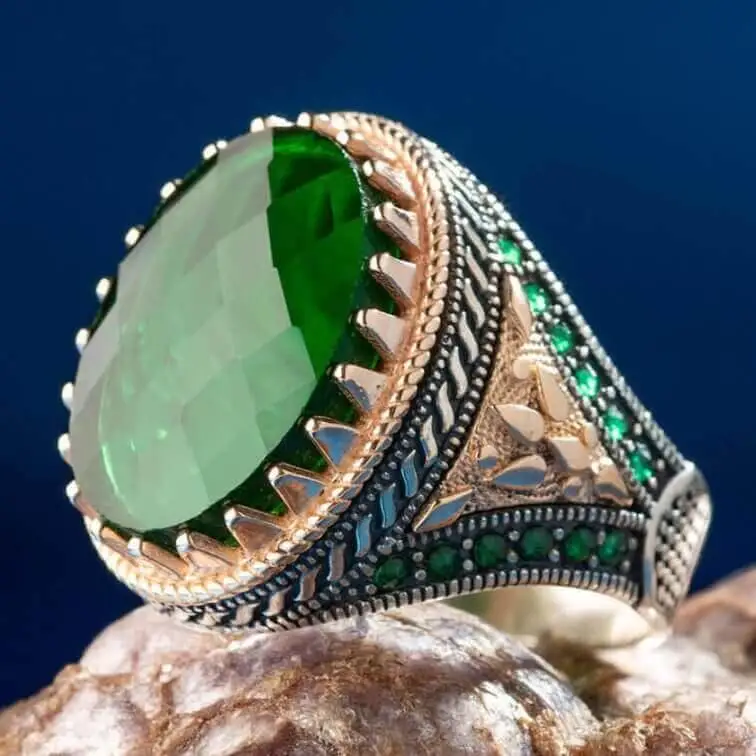 925 Silver Mens Ring With Green Zircon Ornament Fashion Turkish Premium Quality Handmade Jawelery