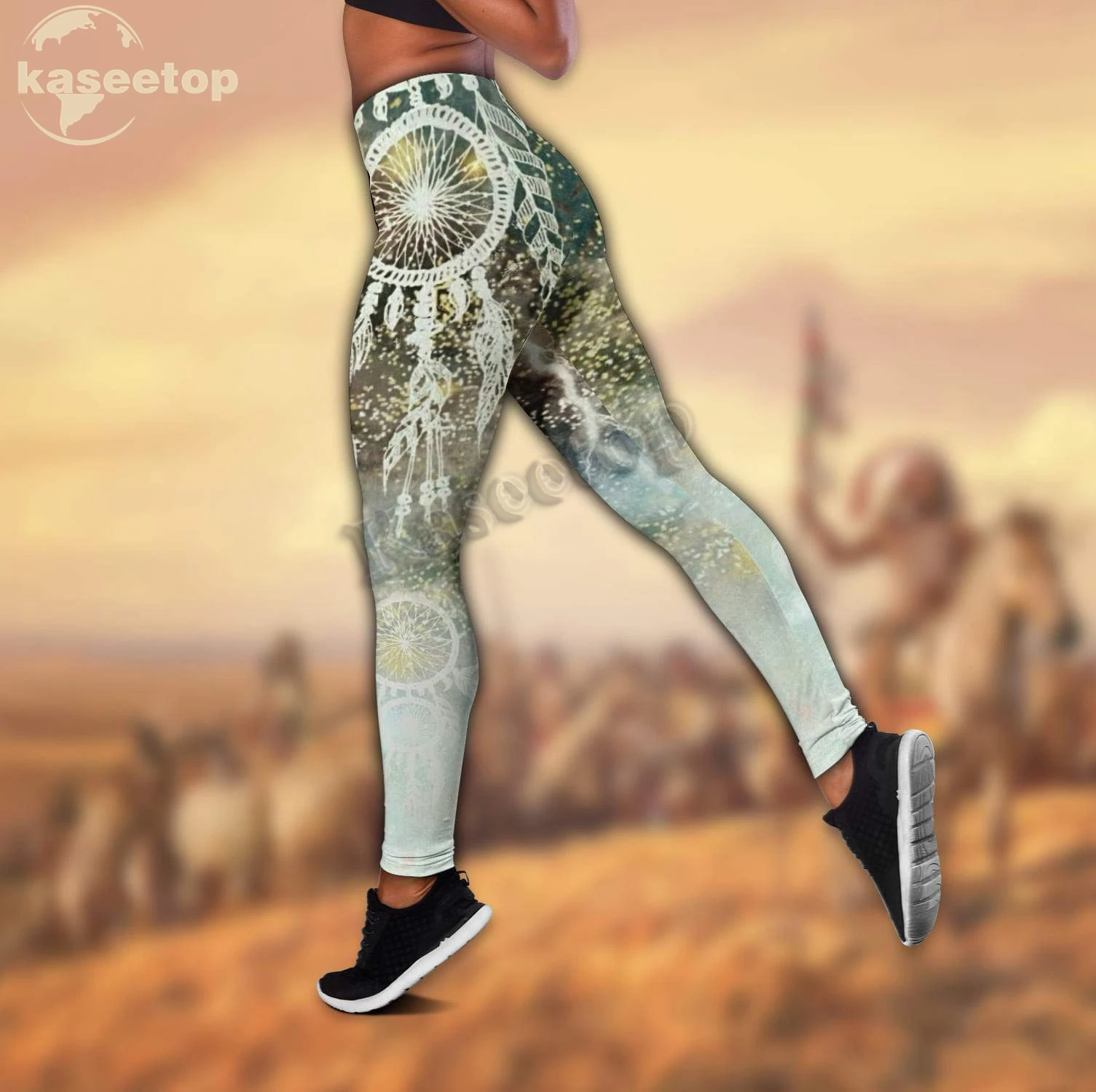 Kaseetop Native America Yoga Set Tribal Pattern Yoga Set Women 3D Print Vest Hollow Out Hollow Tank &Legging Outfit Summer LK199