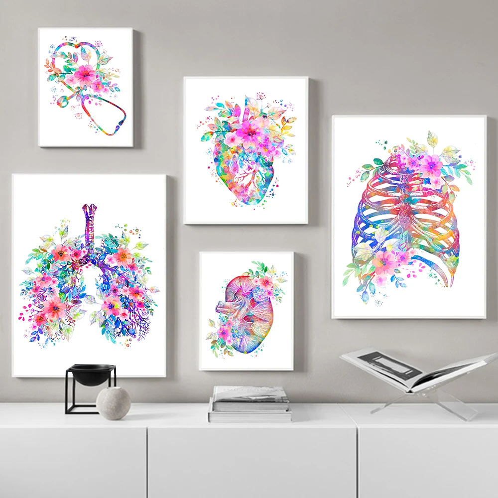 Anatomy Art Medical Flower Organ Heart Lung Wall Art Canvas Painting Picture Nordic Poster Prints Education Hospital Room Decor